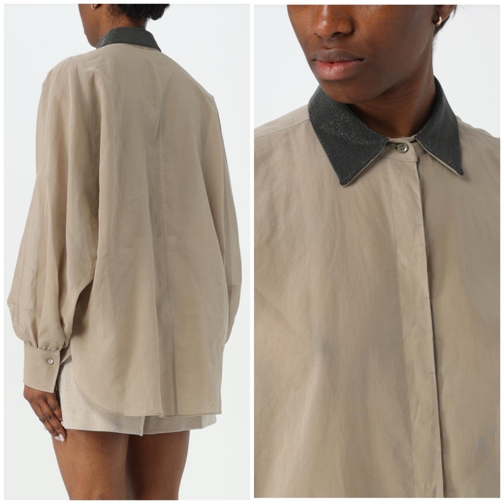 Brunello Cucinelli Monili Beads Embellished Collar Shirt in Coffee Beige SZ 3 XL - Picture 2 of 11